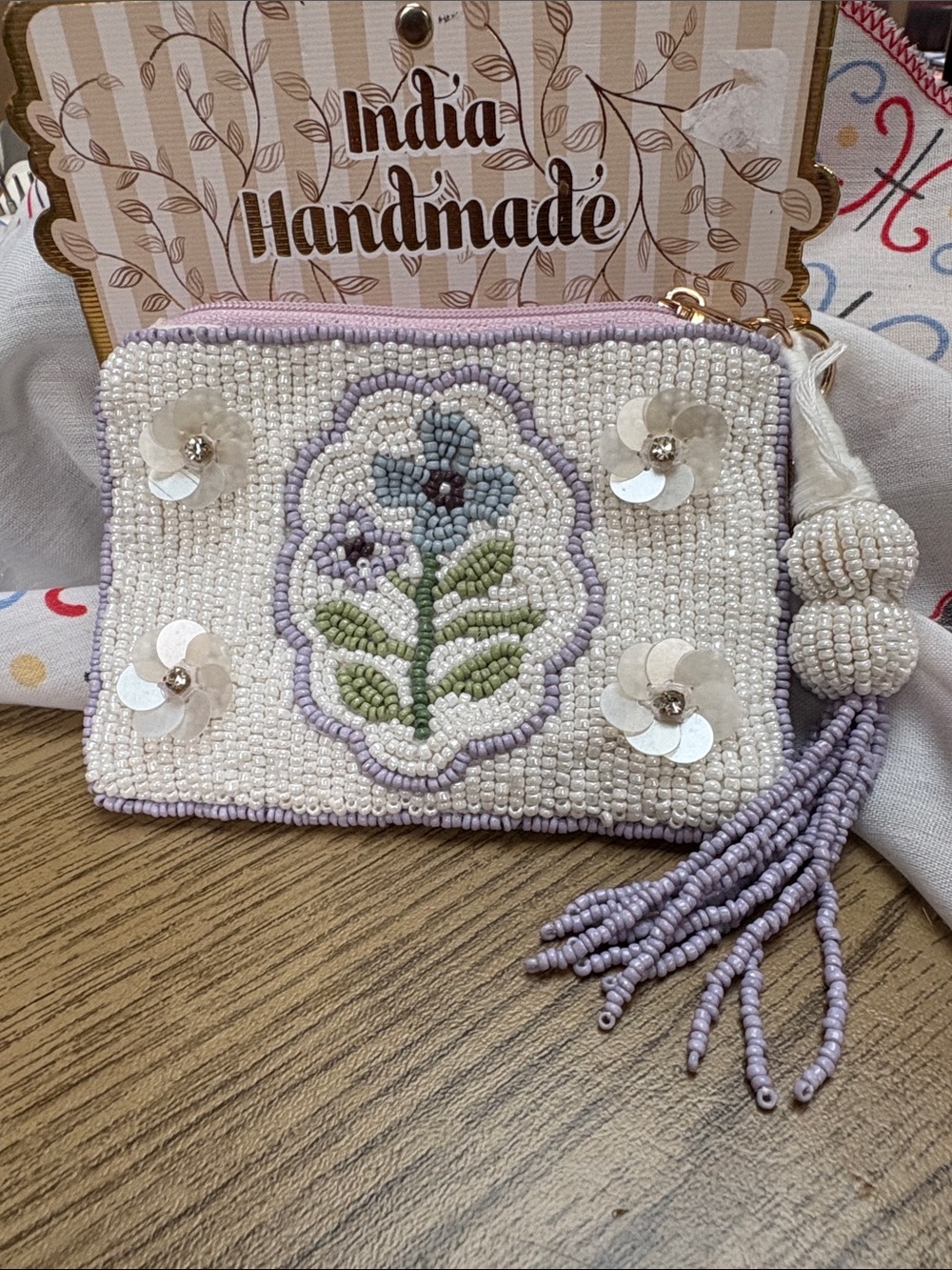 Handmade Beaded Floral Wristlet Clutch — Lavender & White